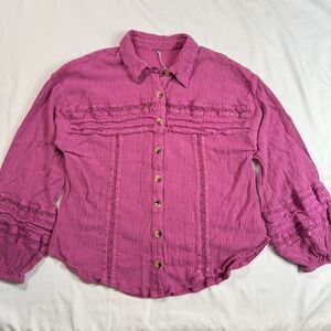Free People Summer Stars Button Up Womens M Crinkle Electra Boho Pink Top